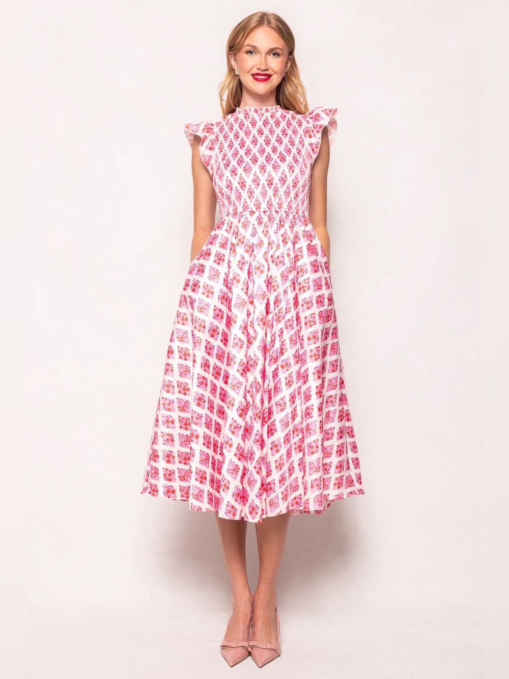 NEW Ivy City Kylie Dress in Rouge Lattice Floral
 Pink & White Midi Dress Large